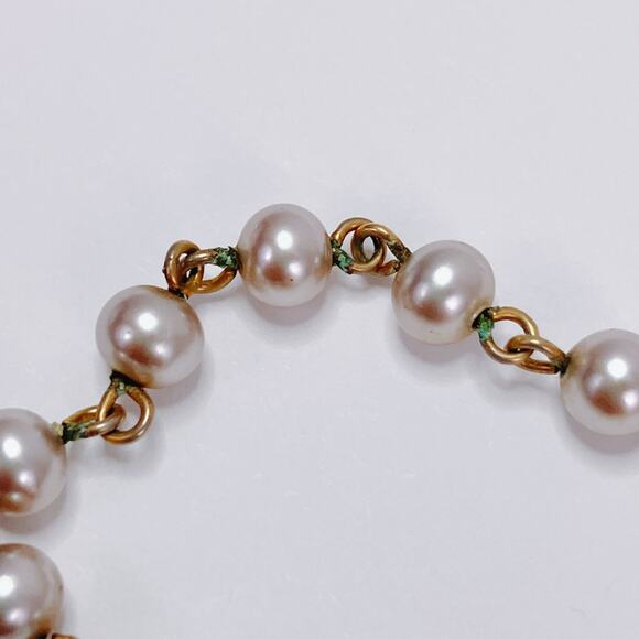 Vintage 50s Gold Tone Black Enamel Faux Pearl Rhinestone Link Choker Necklace - Picture 13 of 14